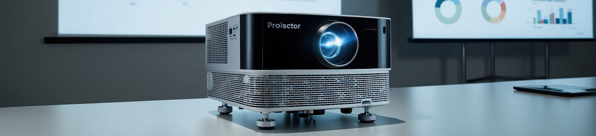 Проектор сірого кольору на тримачах у офісному кабінеті