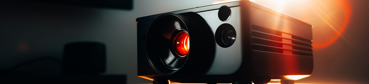Чорний мультимедійний проєктор з увімкненою червоною лінзою в променях сонця