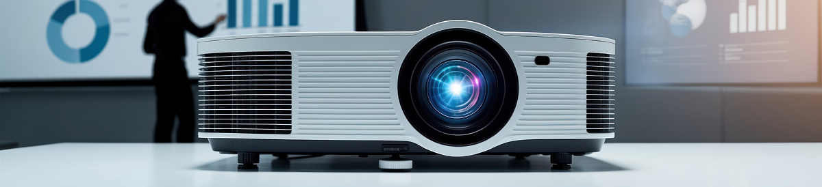 Білий офісний проєктор на столі під час презентації графіків у конференц-залі