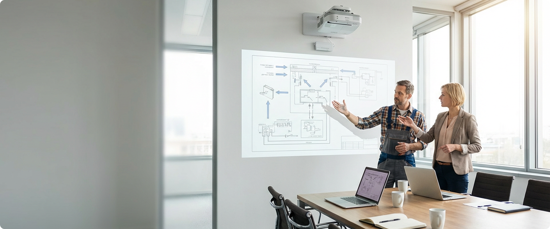 Люди роздивляються інструкцію кріплення проектора 