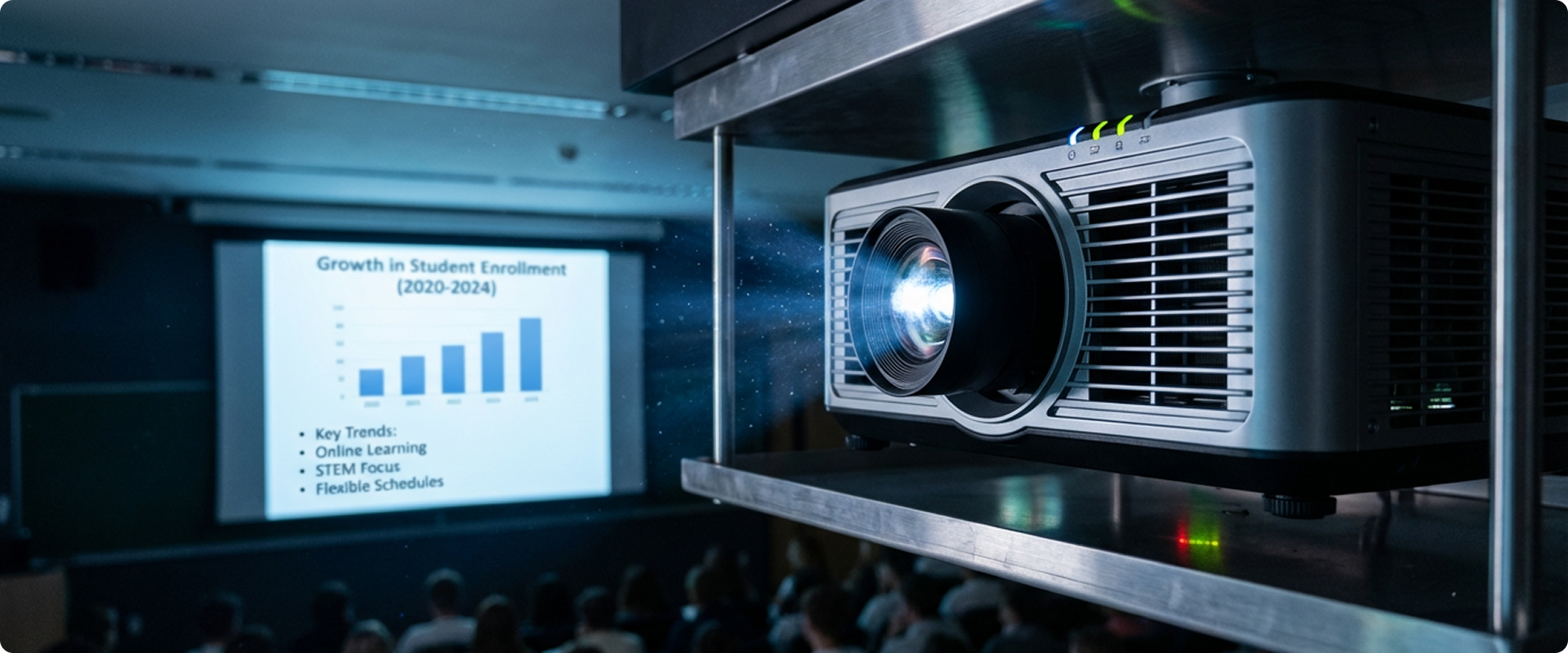 Проектор транслює презентацію на великий екран для учнів в актовому залі