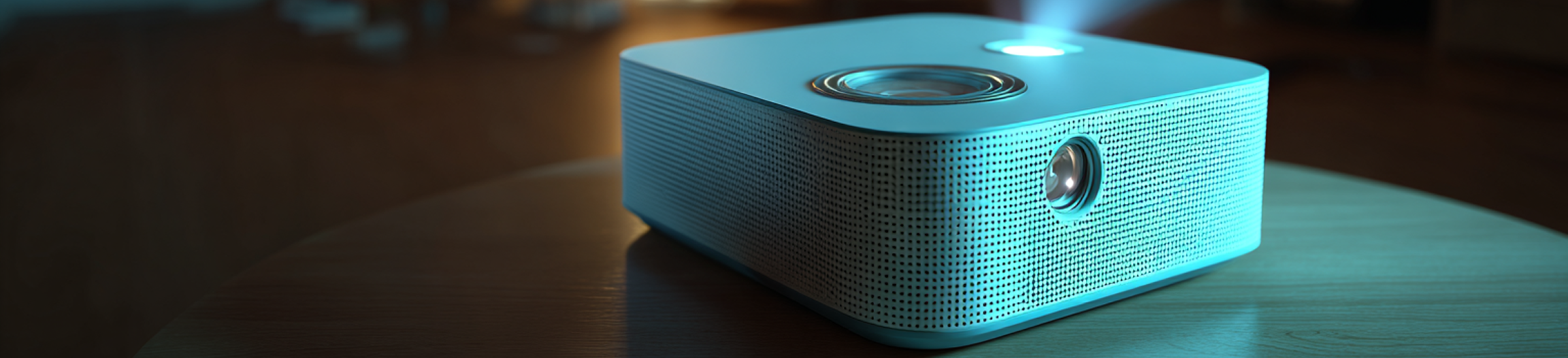 Тихий проектор белого цвета транслирует изображение стоя на столе