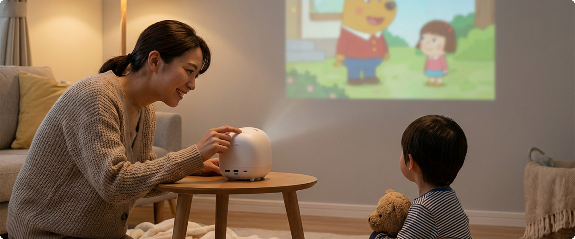 Женщина транслирует ребенку мультик с проектором в комнате.