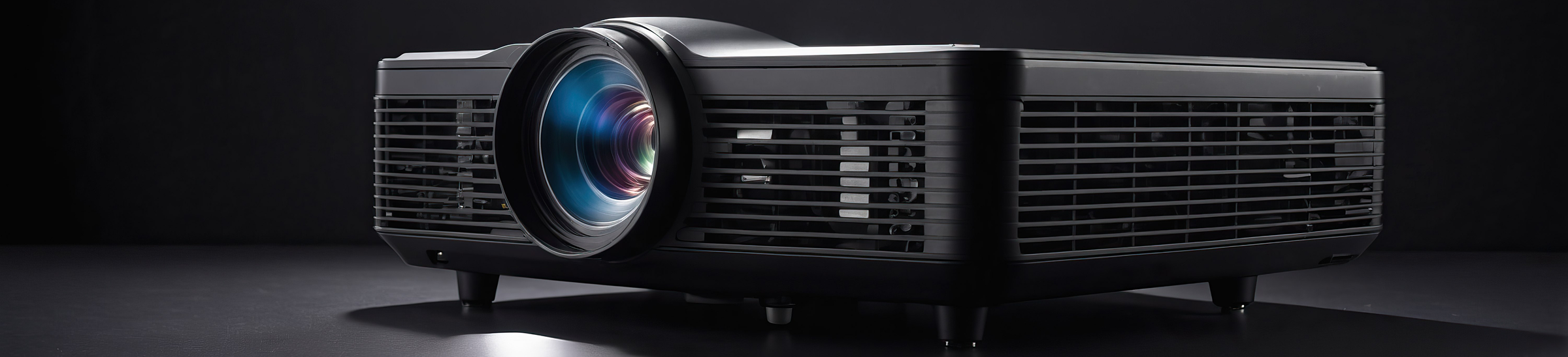 Професійний чорний проєктор з великою скляною лінзою на темному фоні.