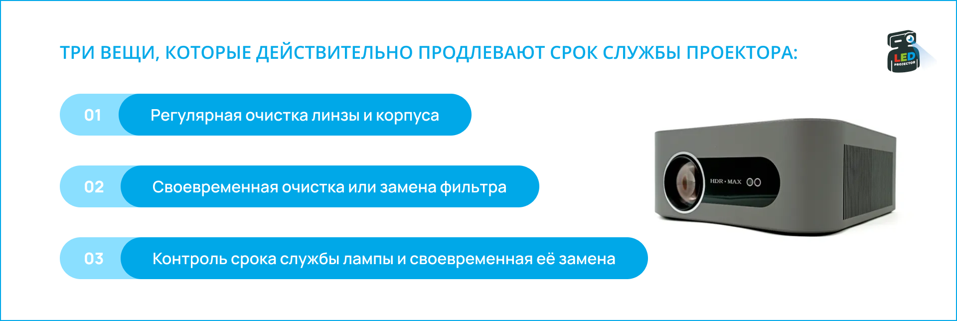 Серый проектор на белом фоне рядом со списком трёх советов: очистка линзы, замена фильтра, контроль ресурса лампы