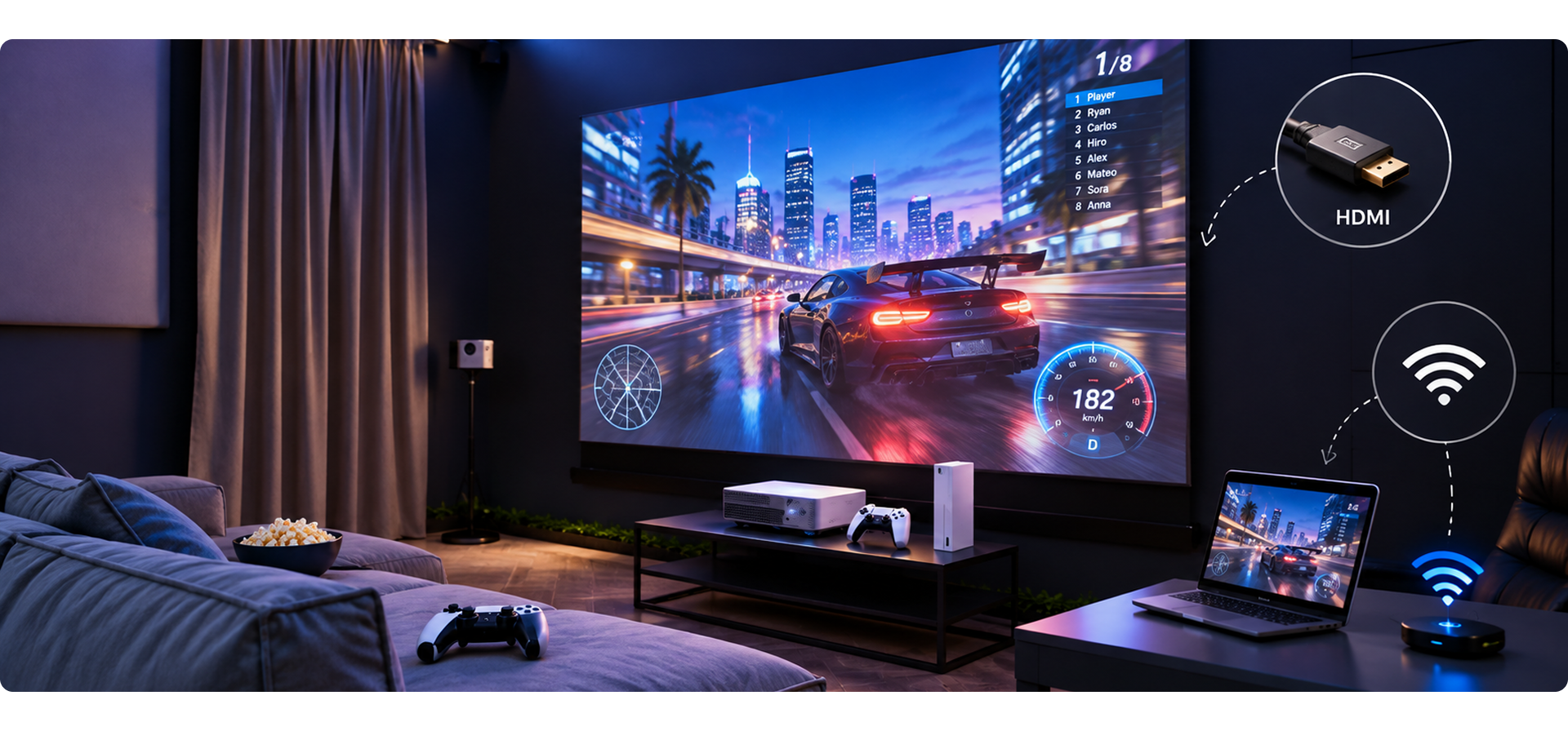 Проектор транслирует гонки на большой экран игровой комнаты с иконками HDMI и Wi-Fi подключения, ноутбук и геймпад на переднем плане
