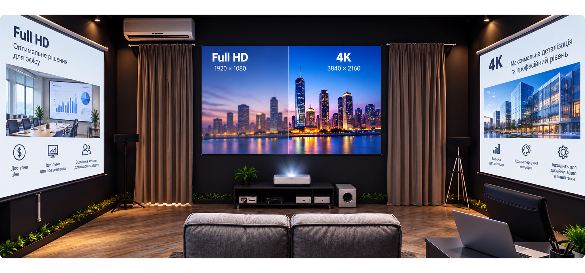 Порівняння зображення Full HD та 4K на великому екрані проектора в затемненій вітальні з диваном